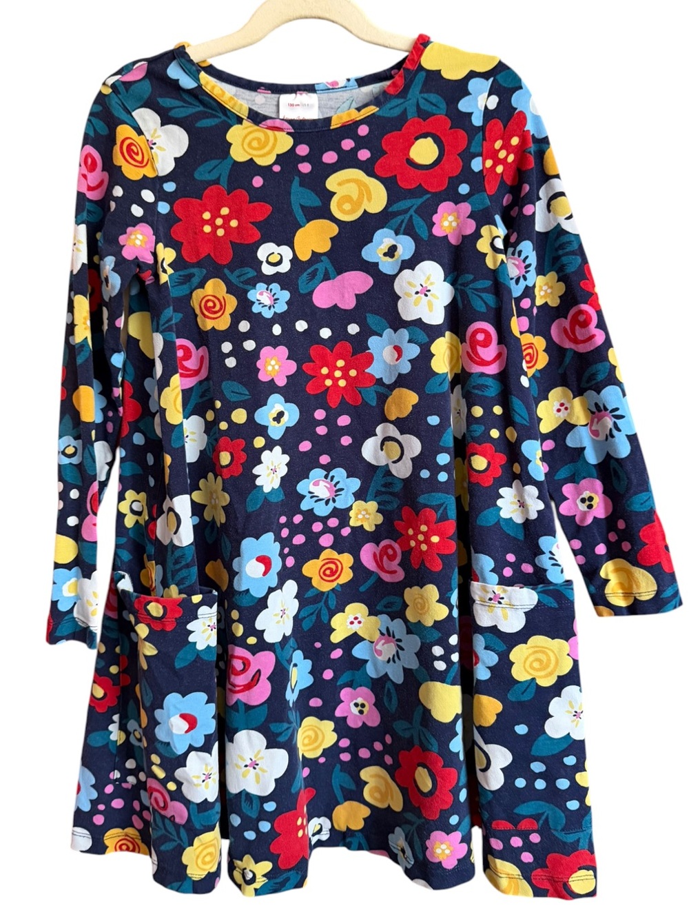 Hanna Andersson Navy Floral Long-Sleeve Dress with Multicolor Flowers Size 8